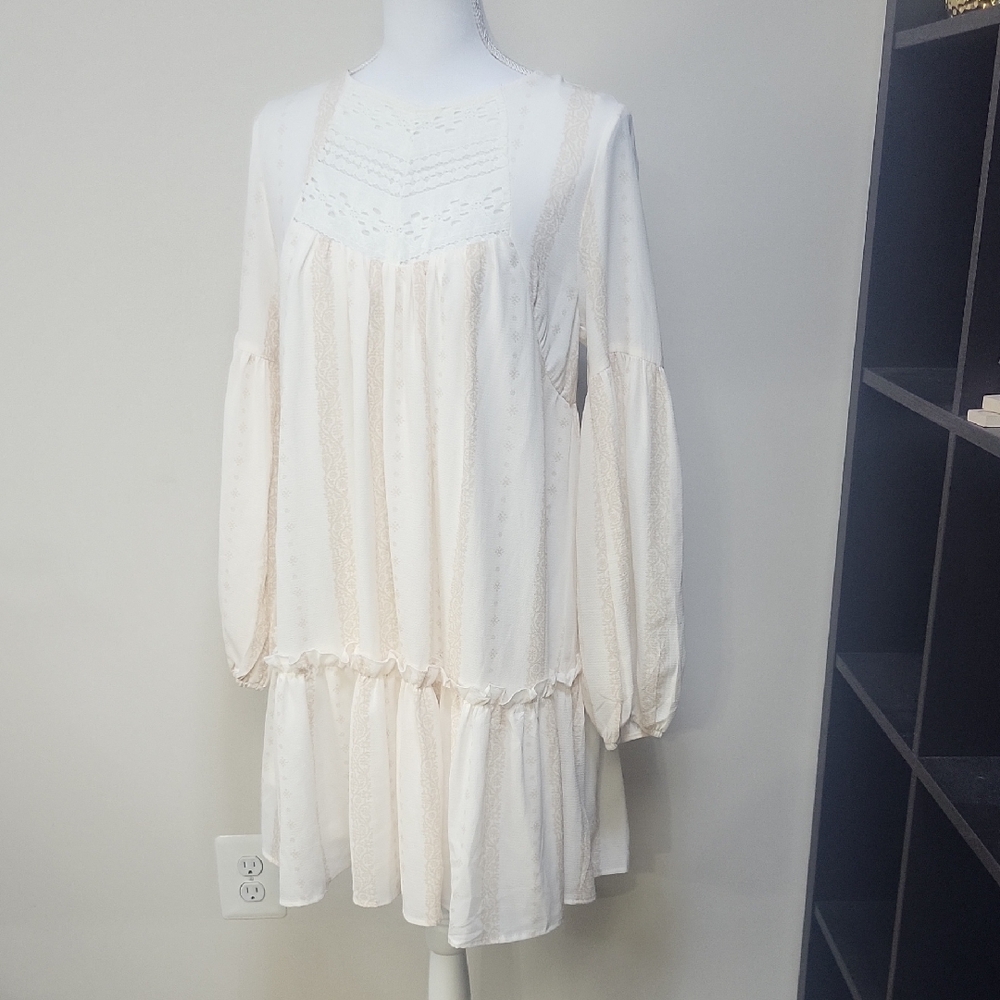 FLYING TOMATO Cream Tan Boho Demure Babydoll Long Sleeve Lace Ruffle Midi Dress